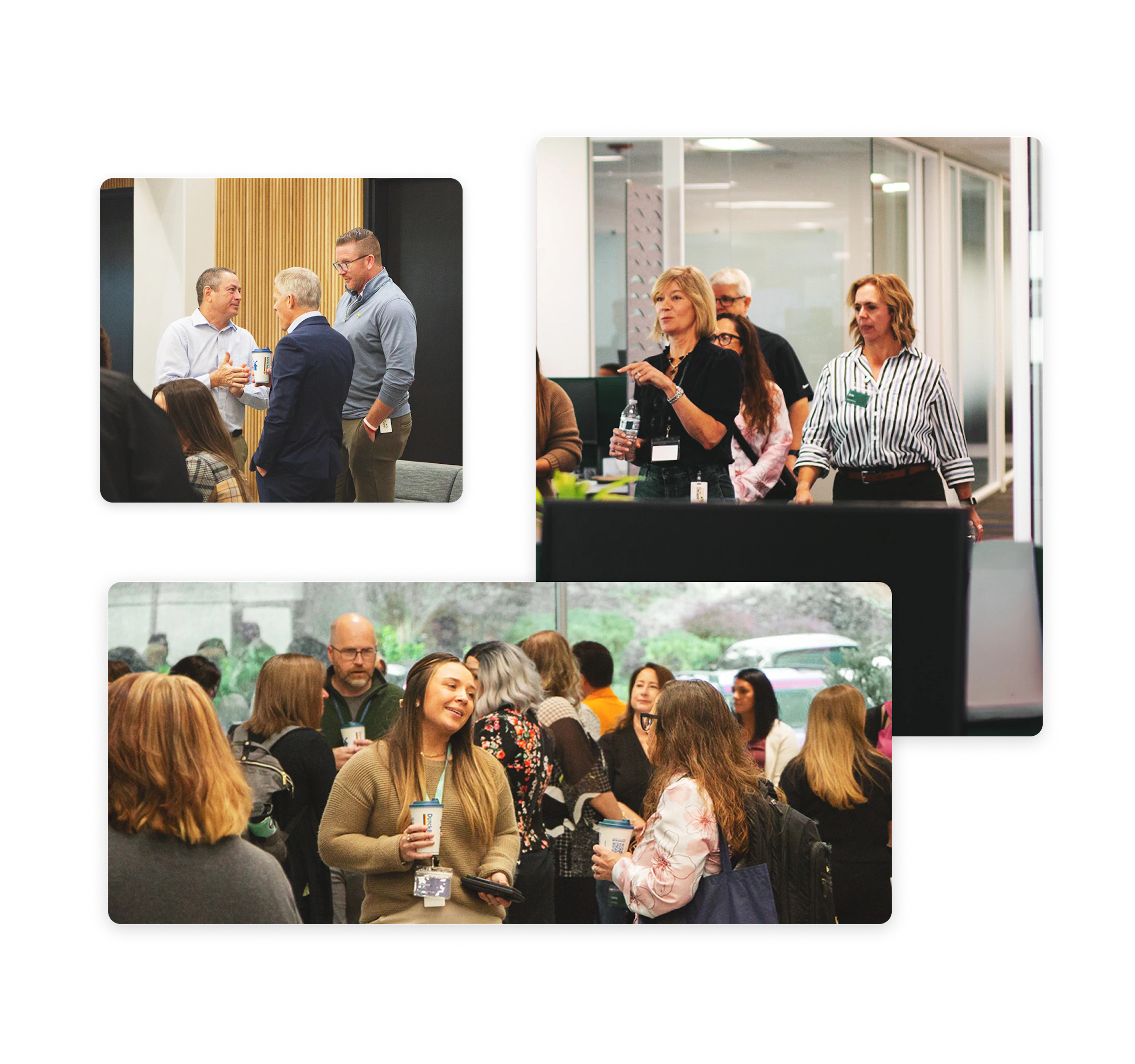 Collage of photos featuring business people mingling in an office 