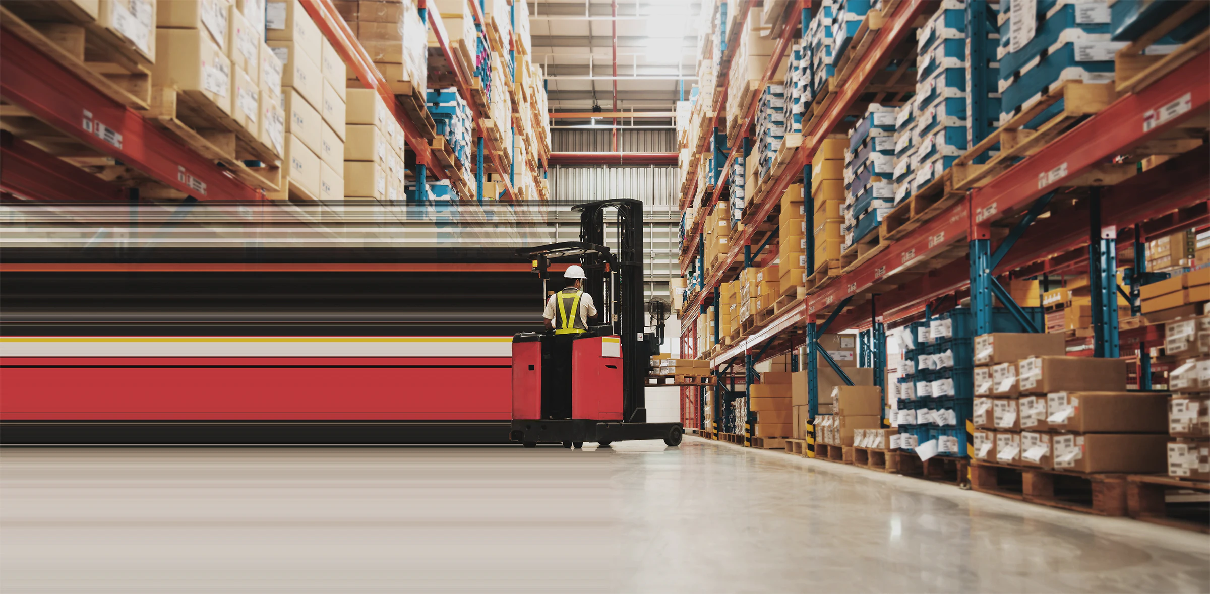 Warehouse worker using a forklift to shelve items