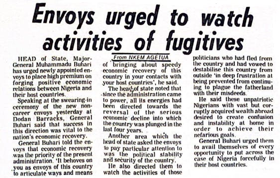 Newspaper page, Headline: Envoy urged to watch activities of fugitives