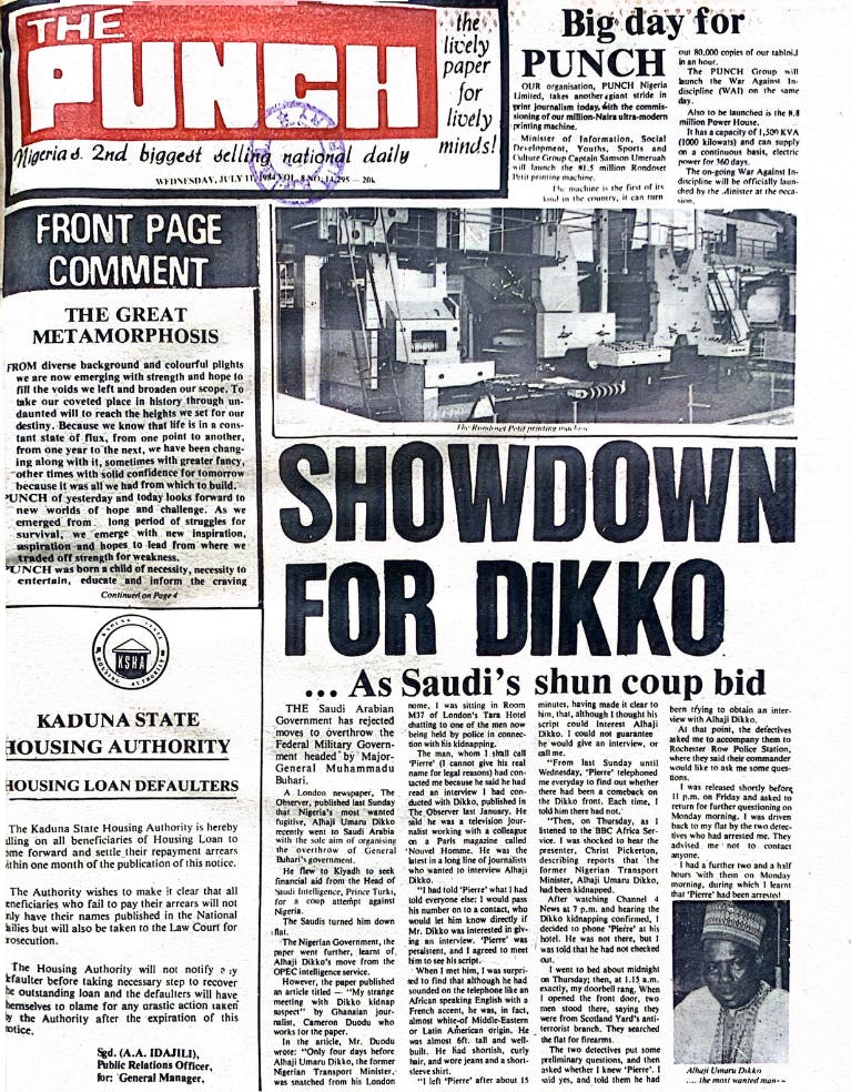 Newspaper page, Headline: Showdown for Dikko 