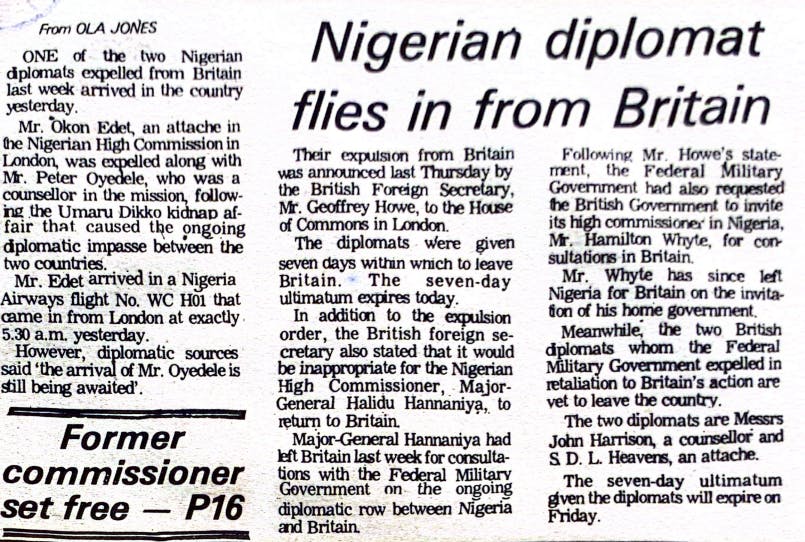 Newspaper page, Headline: Nigeria diplomat flies in from Britain