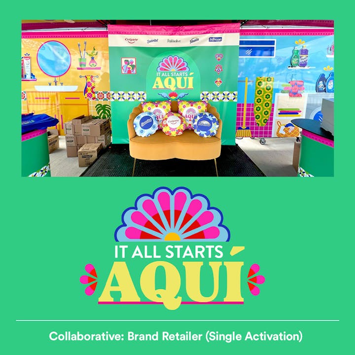Scene of Walmart event with bright colors and comfortable seating, Text: It All Starts Aqui, Brand-Retailer (Single Activation),