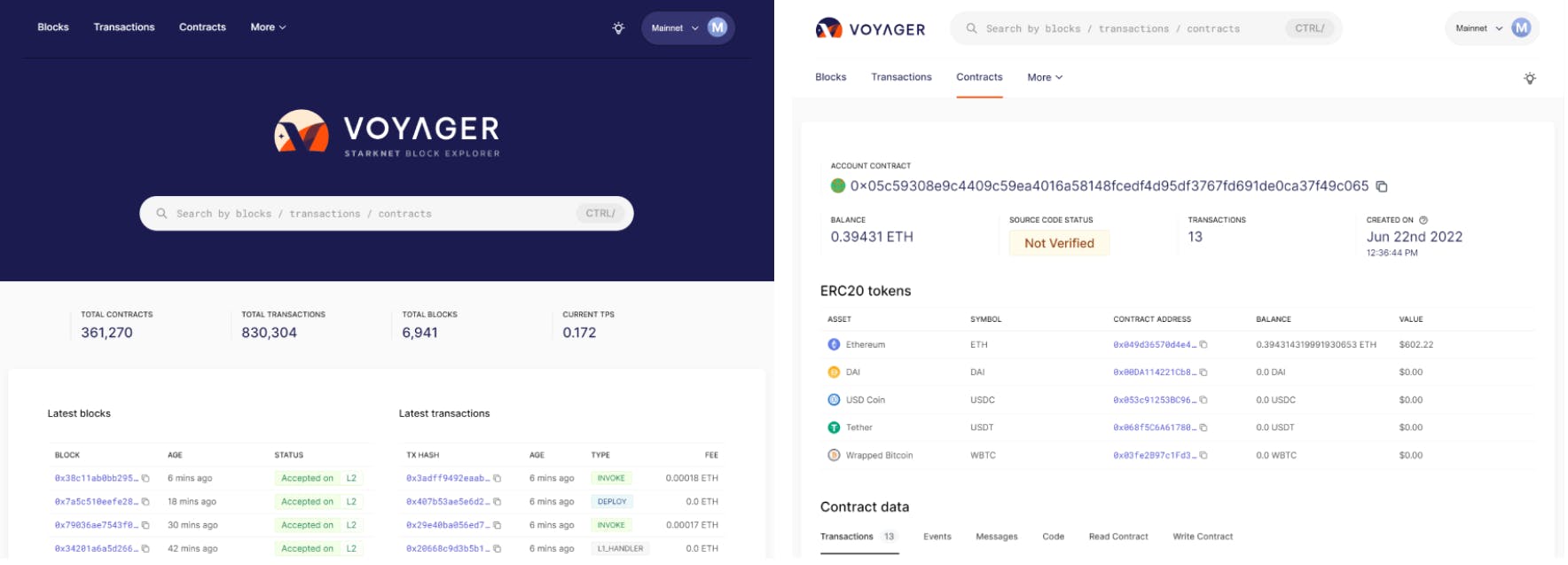 The image shows Voyager's user interface. Voyager is the first StarkNet block explorer. 