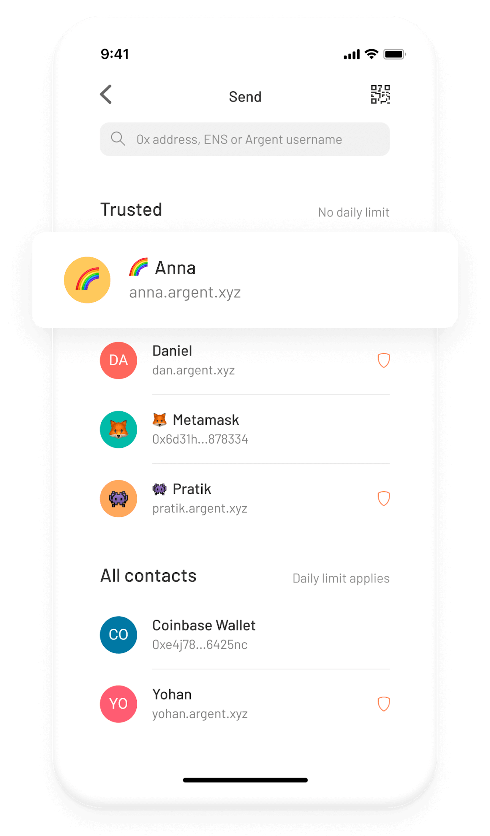 Argent Ethereum DeFi wallet – Trusted contacts screen