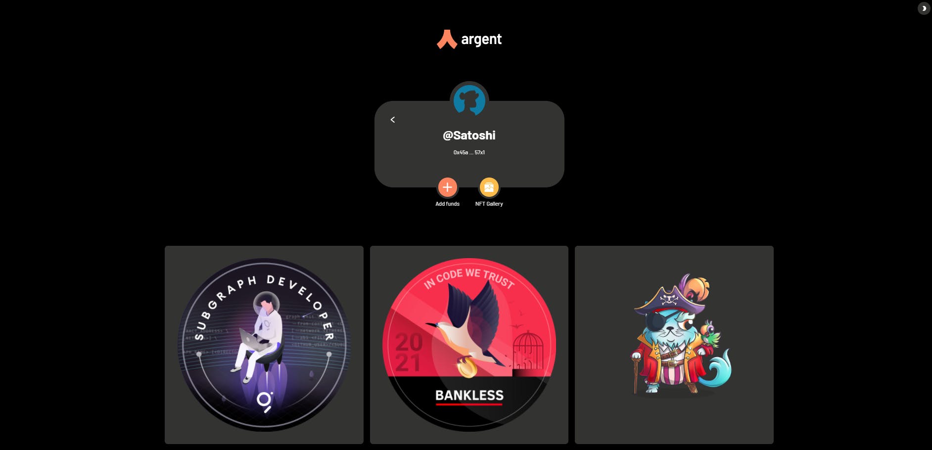 Argent NFT gallery in Dark mode