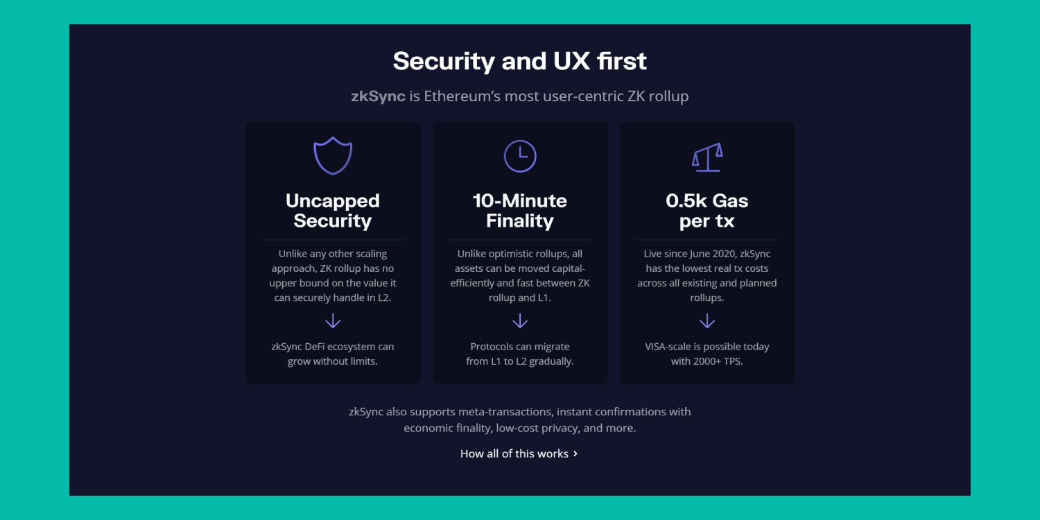 Image shows the benefits of using zkSync