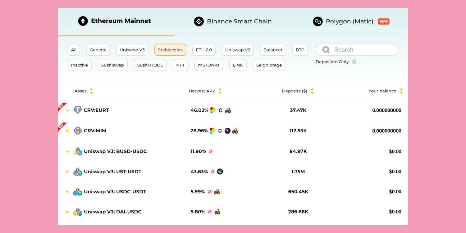 Stablecoin LP farms using Harvest Finance 