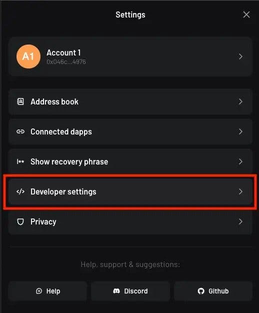 Highlighting developer settings within Argent X