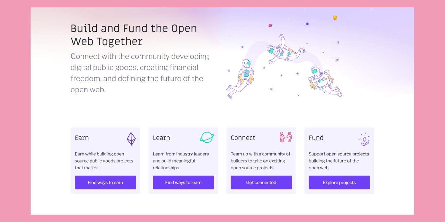 Gitcoin front page which promotes open source web development