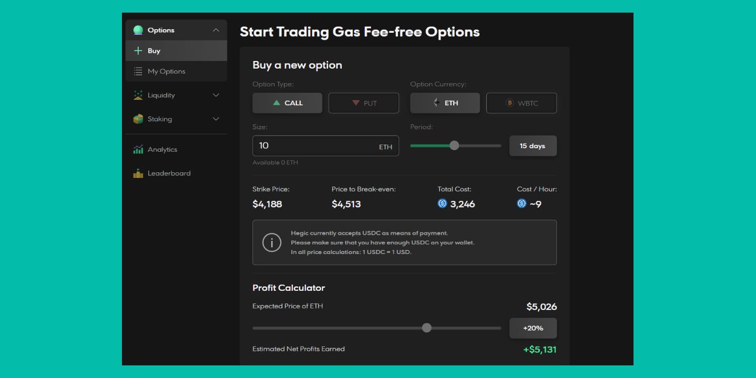 An example options trade on Hegic 