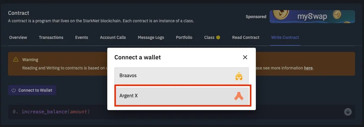 Selecting Argent X as your StarkNet wallet on Starkscan