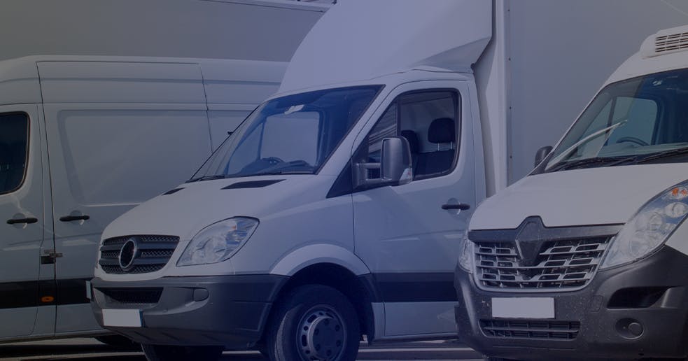 Fila de vans e veículos utilitários brancos estacionados lado a lado, representando uma frota de transporte.