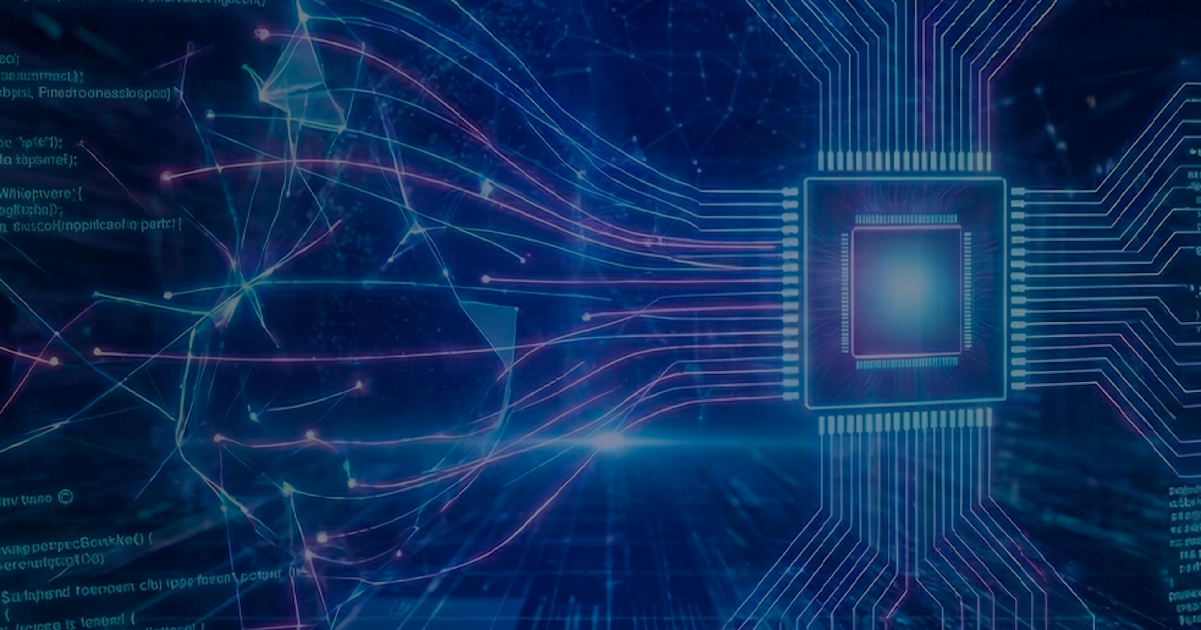 Ilustração tecnológica mostrando um processador no centro conectado a múltiplas linhas de circuitos, com elementos de inteligência artificial, redes neurais e códigos flutuando ao fundo em tons de azul e roxo.