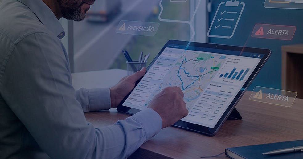 Gestor de frotas em ambiente corporativo, sentado à mesa ou em uma sala de operações, planejando a operação logística. Ele analisa mapas de rotas, cronogramas e indicadores em um notebook ou tablet, com expressão concentrada e estratégica. Ao fundo, elementos sutis que remetem à frota, como veículos em miniatura, uma rodovia desfocada ou um painel com mapas. Sobreposição leve de gráficos, linhas de planejamento, ícones de checklist e alertas de segurança, representando organização, prevenção e tomada de decisão.