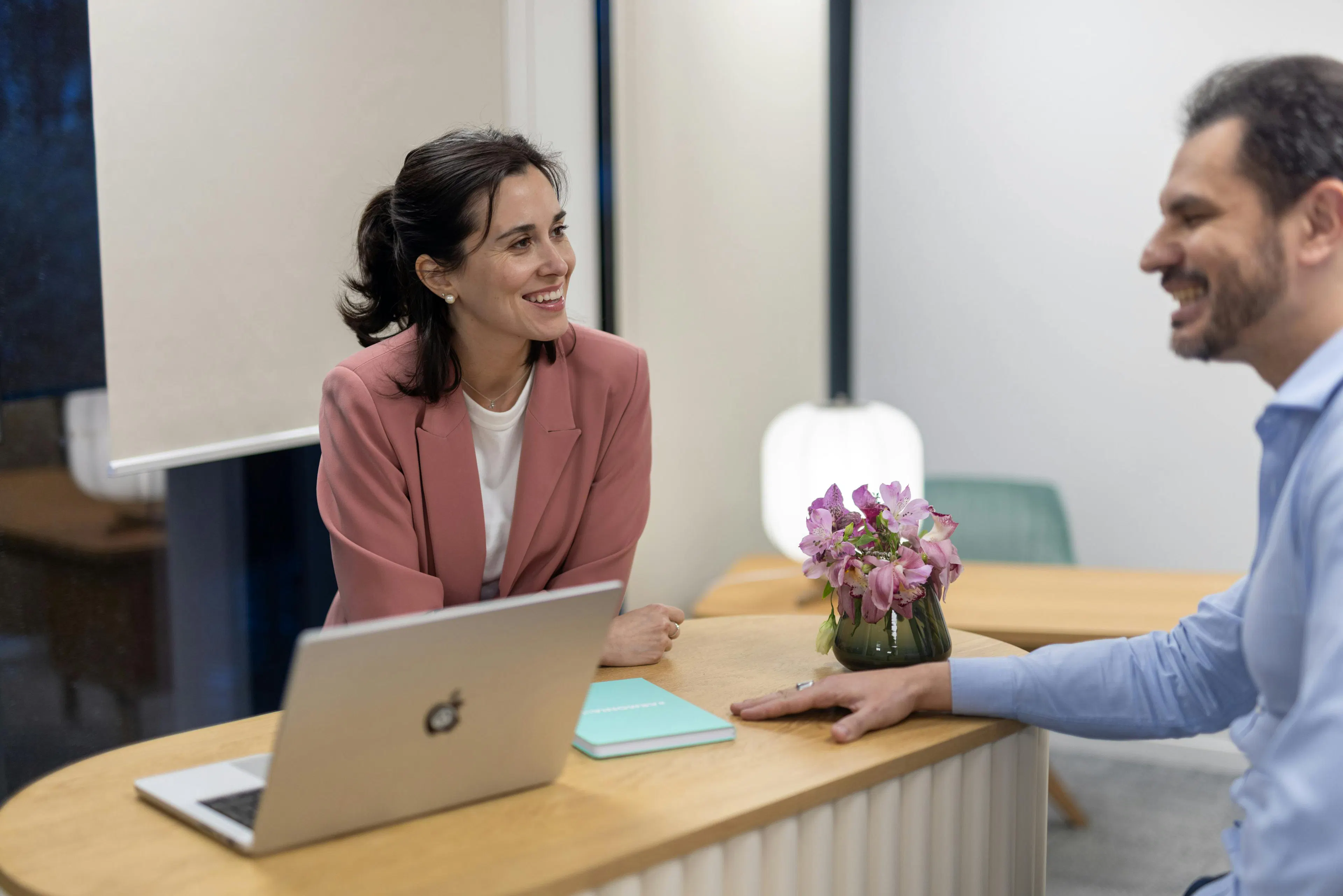 Two colleagues talking together around a table