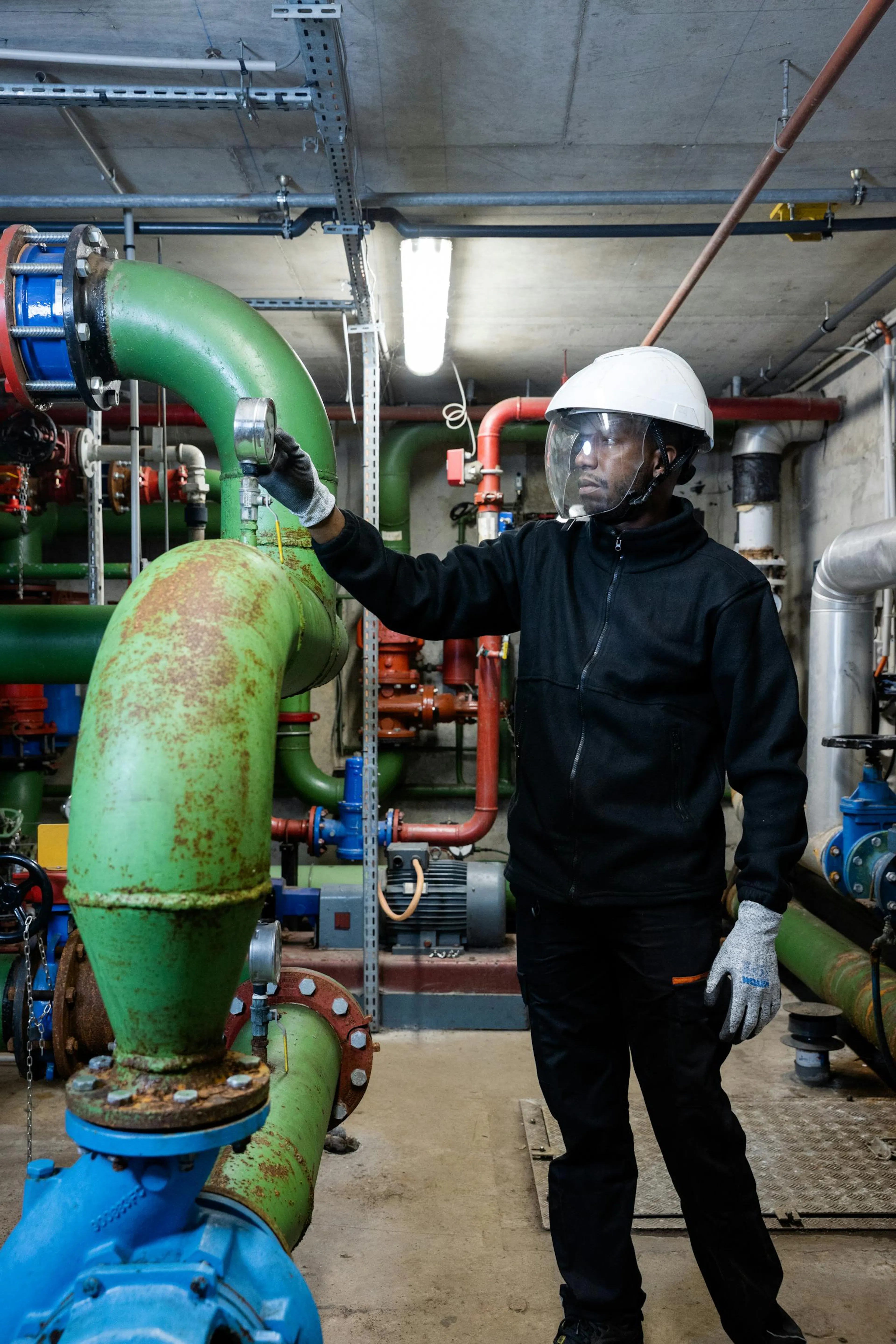Technician inspecting technical equipment and pipework