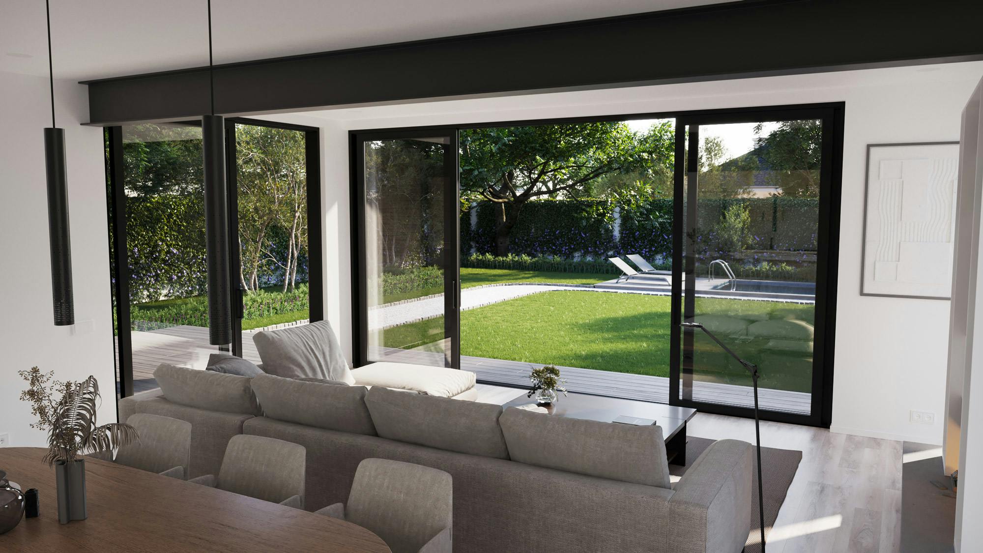 Large floor-ceiling doors opening onto backyard