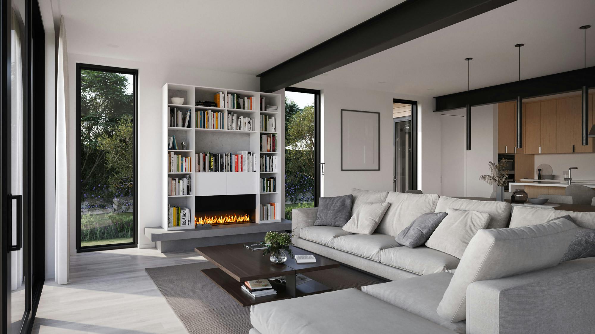 Interior shot of Aro home with fireplace and large sectional