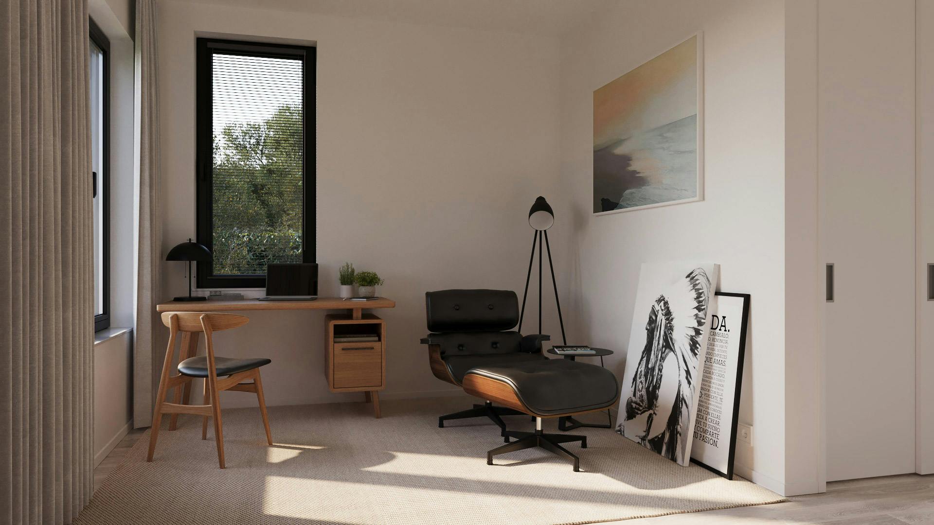 Room with office and lounge chair
