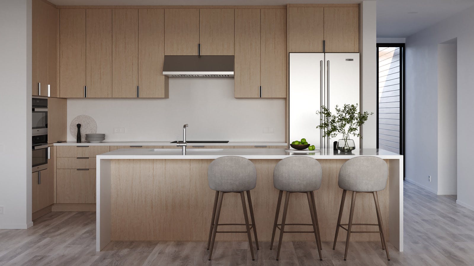 Kitchen with island and 3 barstools