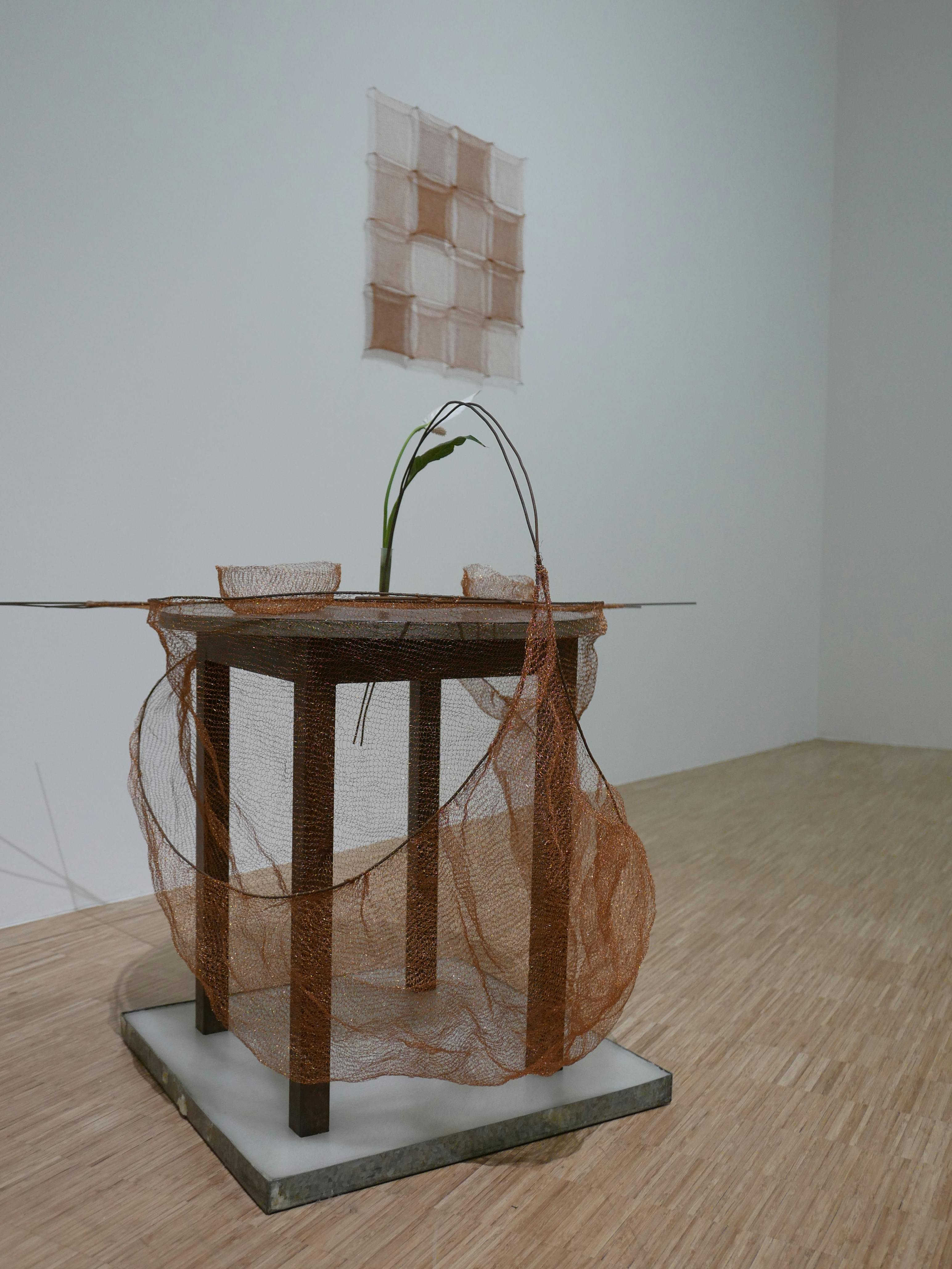 Marisa Merz - Sans titre - 1977 - Table, fil de cuivre, tiges métaliques, paraffine, Spathiphyllum monocotylédone - 100 x 130 cm