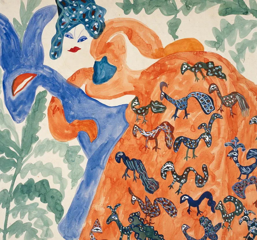 Baya, Femme en robe orange et cheval bleu, vers 1947. Gouache, crayon sur papier ; 74,7 x 91,6 cm. Donation l’Aracine en 1999. Collection du LaM. © Baya, 2026. Courtesy Estate Baya and Mennour
