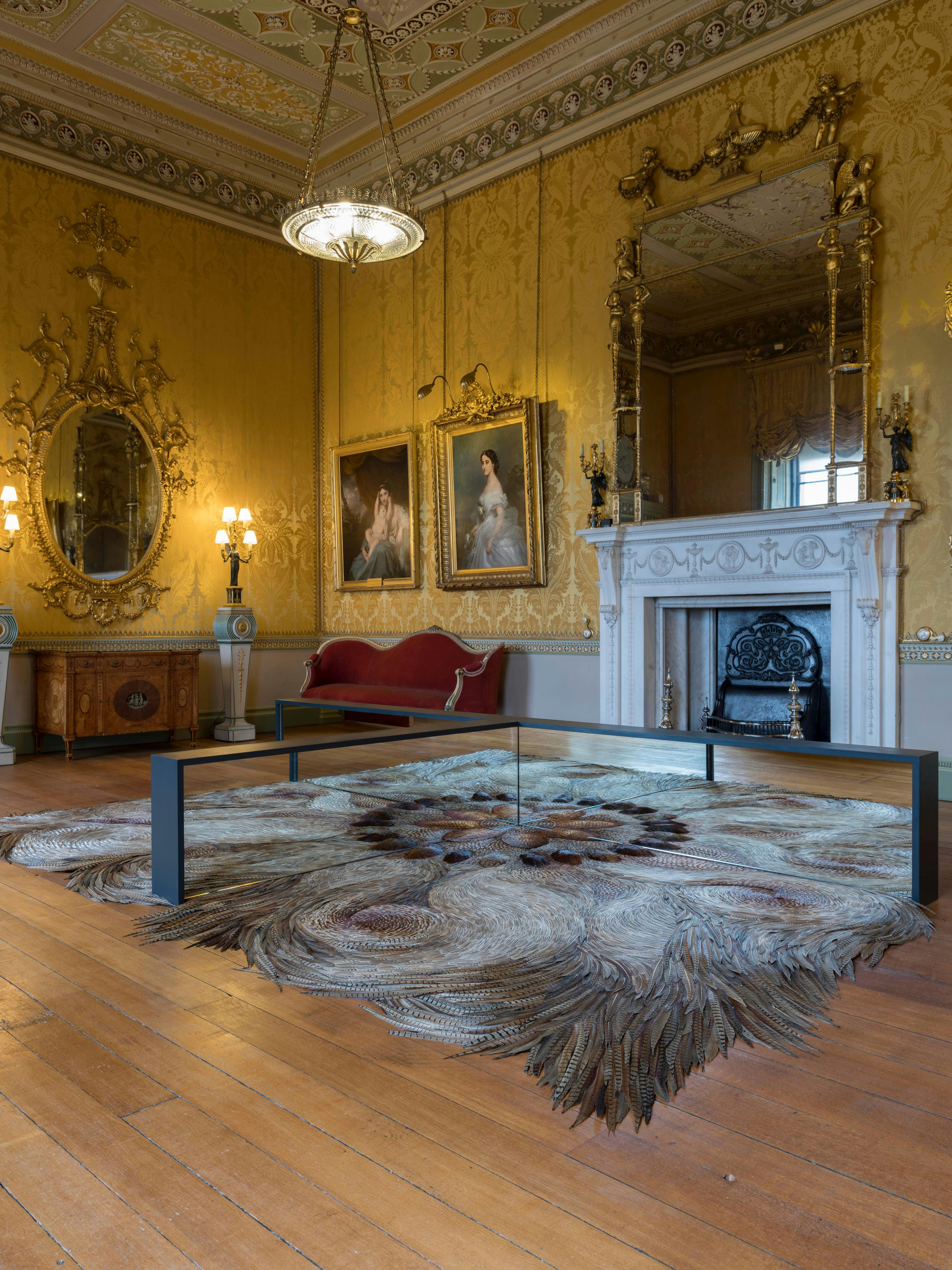 Kate MccGwire, CAVORT (2020)
mixed media installation with pheasant feathers and bespoke mirror mount 52 x 440 x 240 cm
Harewood House installation view