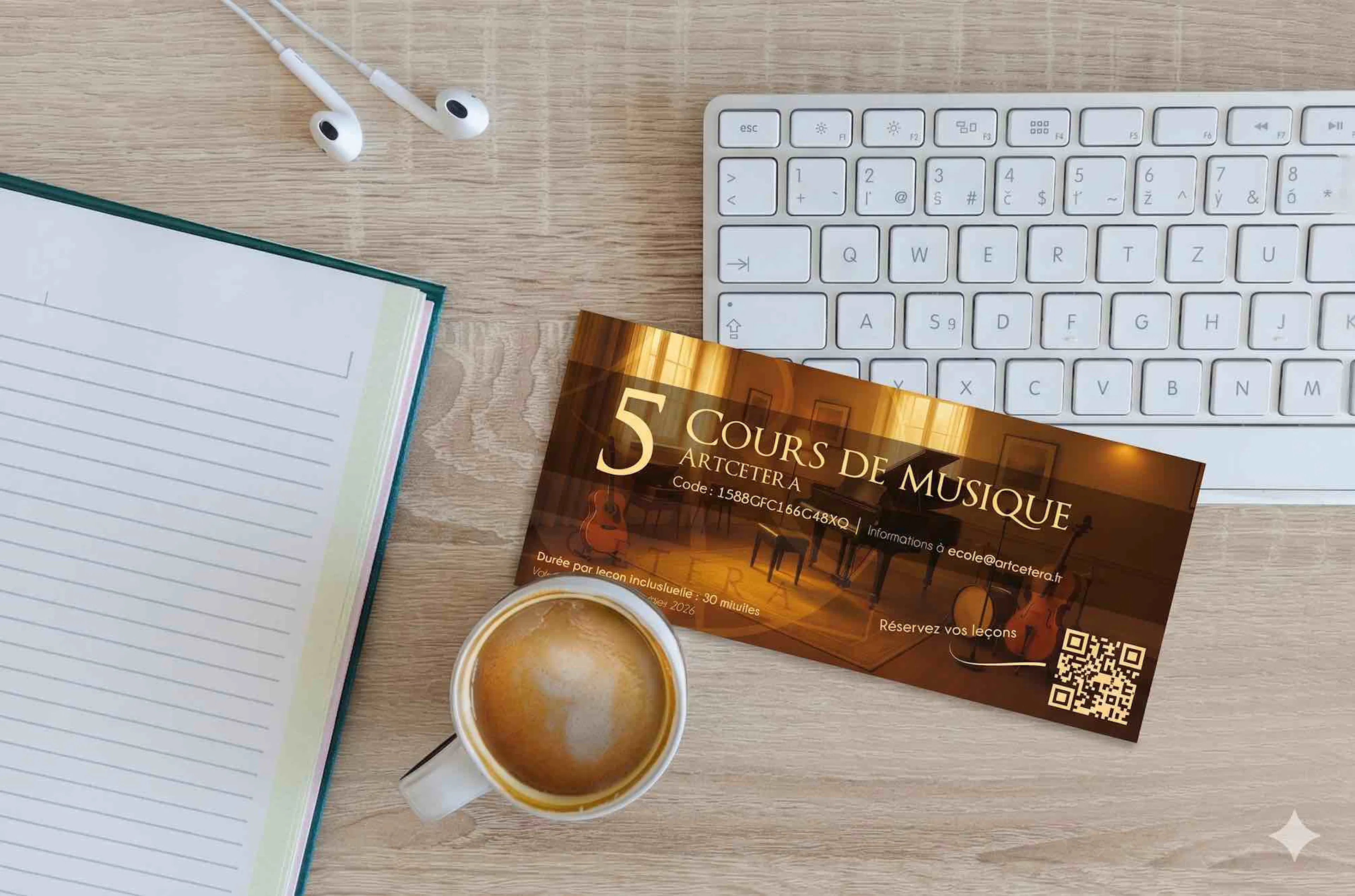 bureau avec un café et un coupon cadeau pour un cours de musique