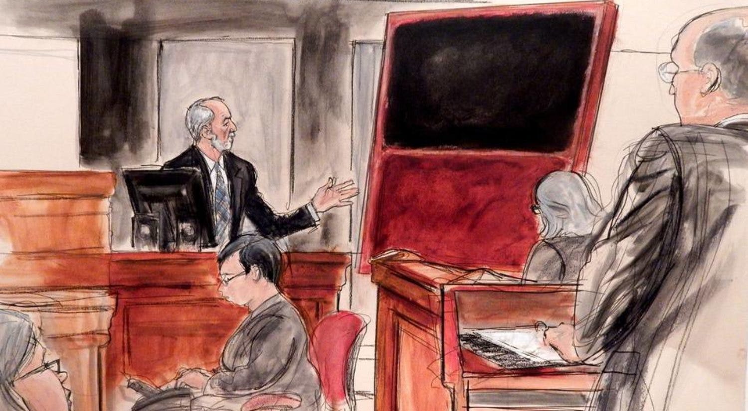 A courtroom sketch of Domenico De Sole on the witness stand with the fake Rothko painting he bought from Knoedler gallery.