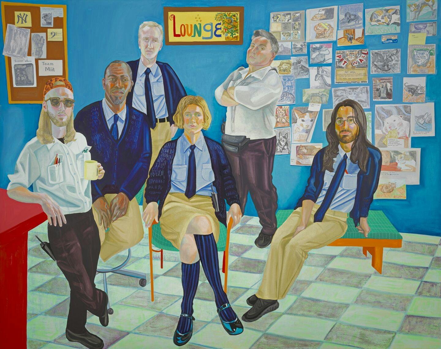 Aliza Nisenbaum, Morning Security Briefing at the Minneapolis Institute of Art, basement door open onto the Guard Lounge Pet Wall, 2017. Oil on linen, 95 x 75 inches.