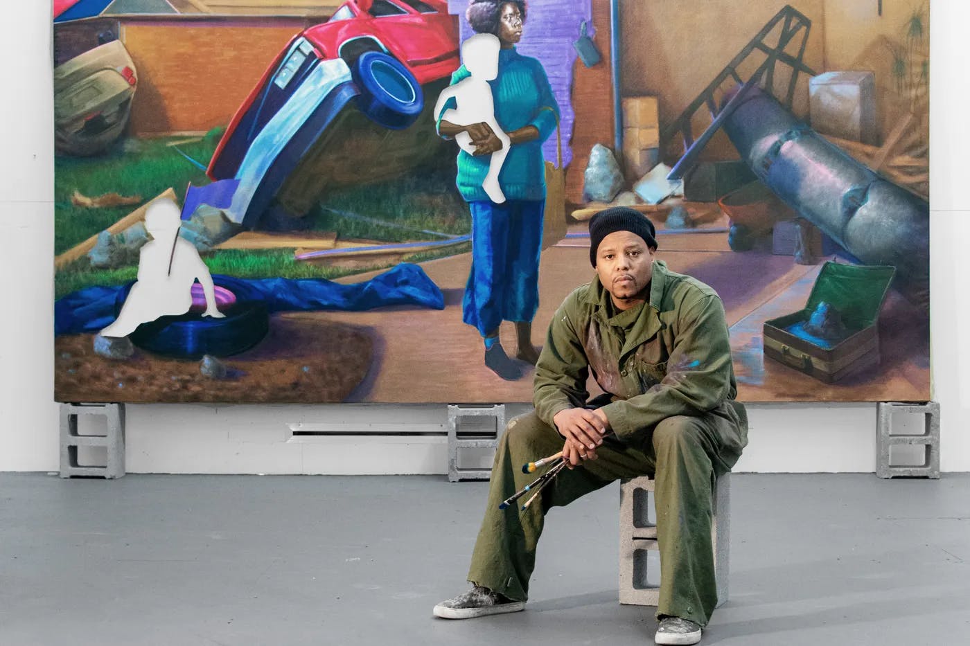 Titus Kaphar in his studio with his painting "The AfterMath" (2020), New Haven, Connecticut, 2020.