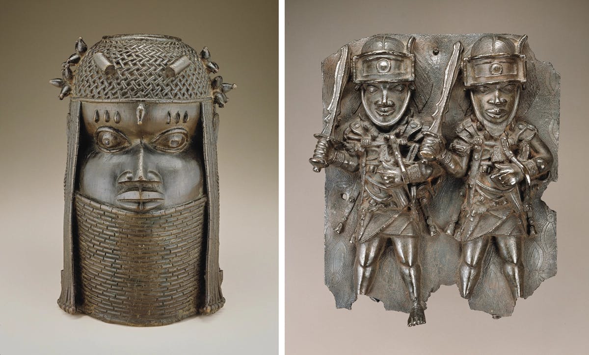 Two Benin Bronzes currently in the collection of the Smithsonian Institution's National Museum of African Art. From left: Commemorative head of a king, Edo artist, 18th century; Plaque, Edo artist, mid-16th to 17th century.