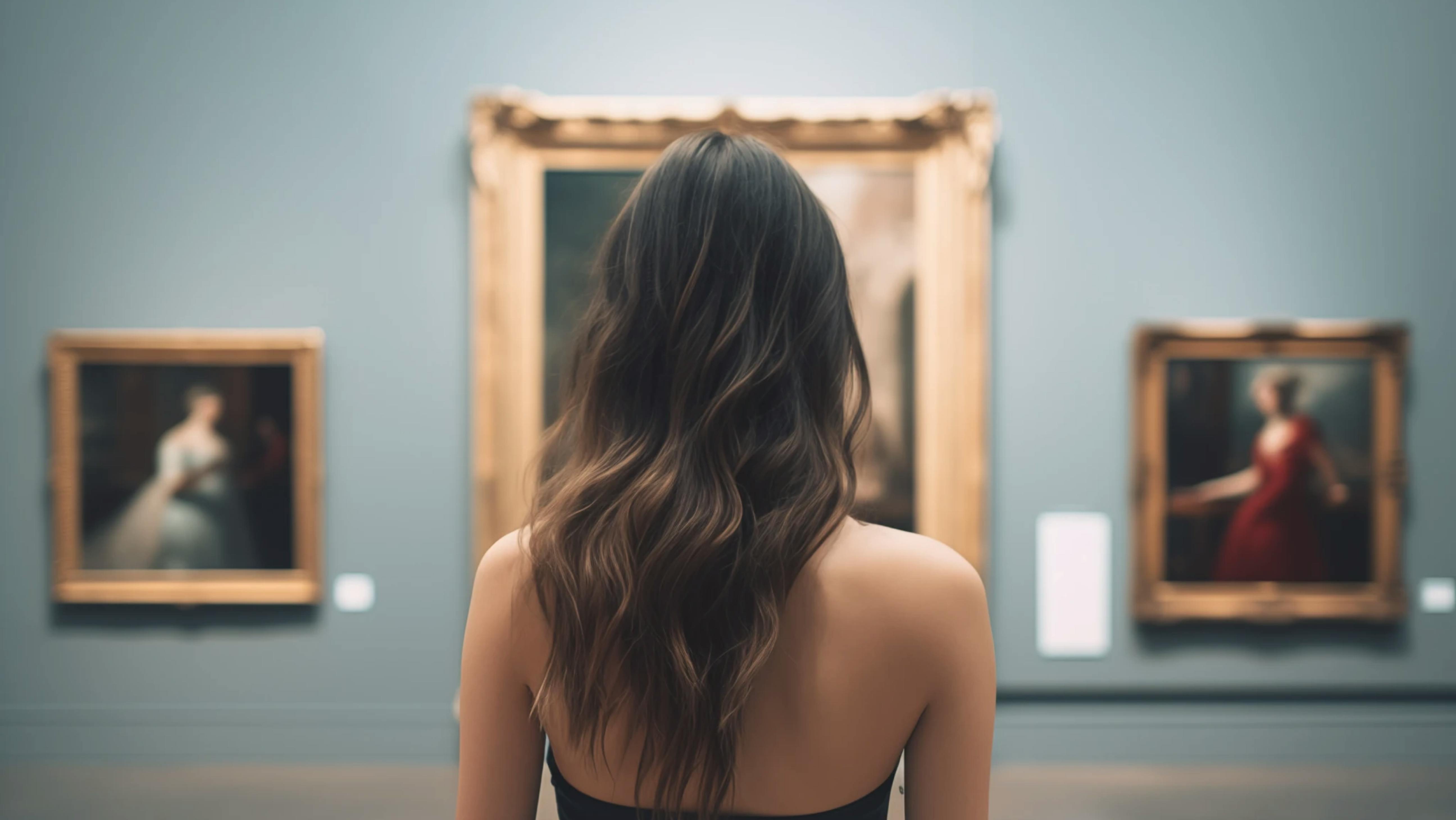 A woman looking at 3 paintings in a museum