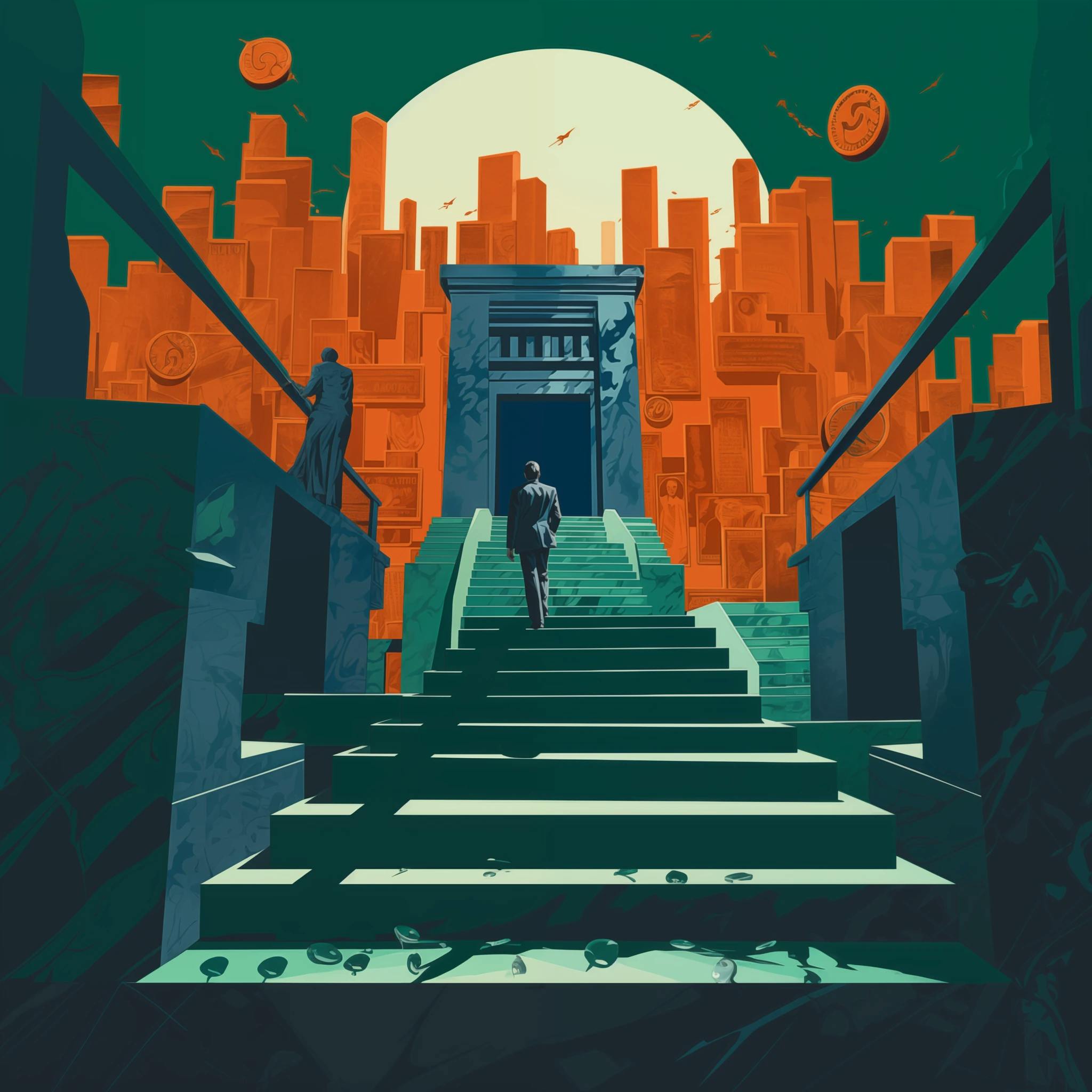 An investment advisor walking up stairs towards money and artwork.