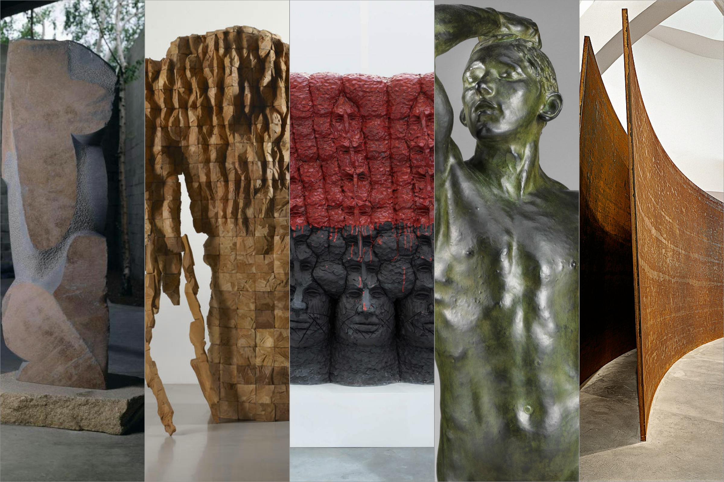 Images of “Venus” by Isamu Noguchi, “Right Arm Bowl” by Ursula von Rydingsvard, “ONE'-TEH” by Raven Halfmoon, “The Age of Bronze” by Auguste Rodin, and “Snake” by Richard Serra