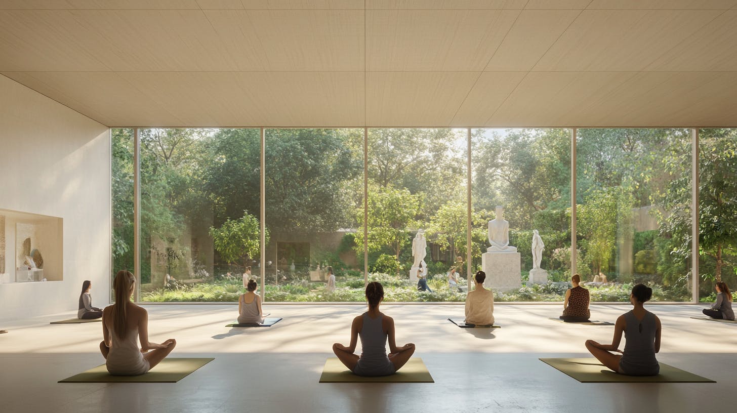 A serene, modern museum interior bathed in natural light