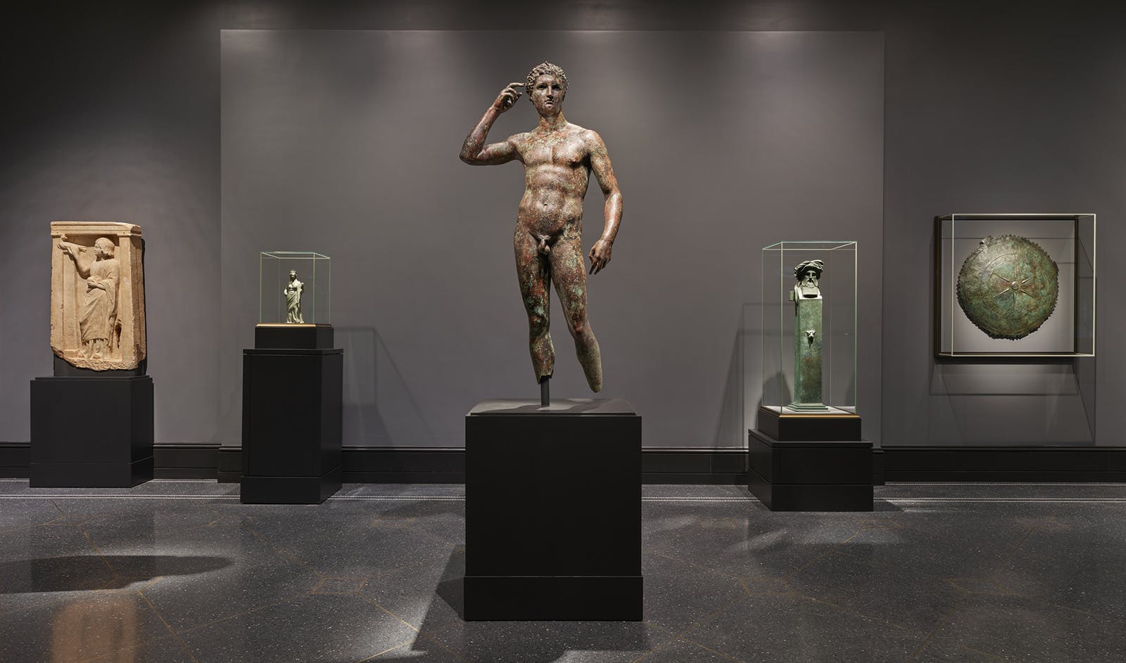 Installation view of Statue of a Victorious Youth at the Getty Villa, Spring 2018.