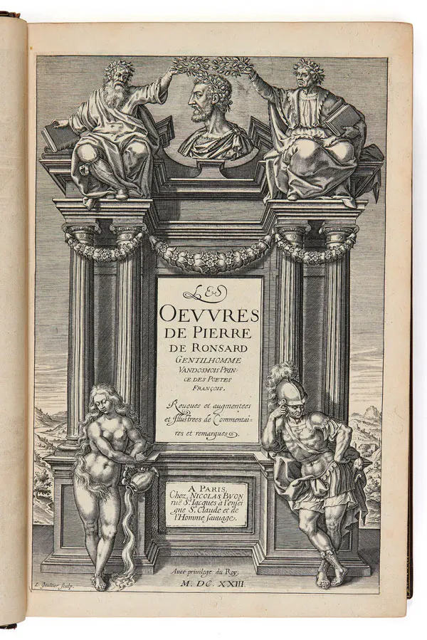Pierre de Ronsard  (1524–1585)
Les Œuvres […], revues et augmentées et illustrées de commentaires et remarques.
2 forts vol. in-folio, maroquin lie-de-vin
Estimation : 1 500 - 2 500 € 