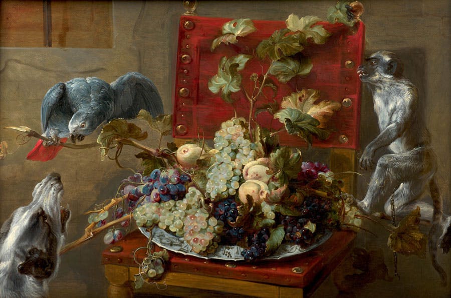 Frans SNYDERS (1579-1657)
Plat de fruits sur une chaise entourée d’un perroquet, d’un singe et d’un chien 
Estimation : 300 000 – 400 000 € 