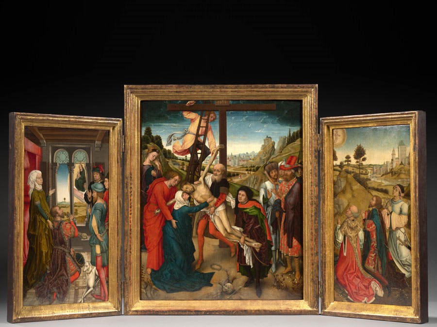 Vrancke van der STOCKT (1424-1495) et atelier 
Triptyque recomposé  
Panneau central : La Descente de Croix, Panneau latéral gauche : L’Empereur Auguste et la sybille de Tibure (recto) et La découverte de la Vraie Croix par Sainte Hélène (verso) Panneau latéral droit : La vision des rois mages (recto) et Héraclios rapporte la Vraie Croix à Jérusalem après son vol par les Perses (verso) 
Estimation : 1 200 000 – 1 800 000 € 