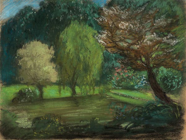 Eugène Delacroix (1798-1863) Arbres au bord d’une pièce d’eau dans un parc Pastel 23 × 31,5 cm Estimation : 80 000 - 120 000 € 