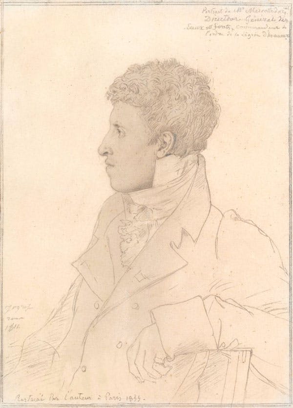 Jean-Auguste-Dominique Ingres (1780-1867)   Portrait de Charles Marcotte d’Argenteuil assis de profil, à mi-corps   1811, retouché par l’auteur en 1835   Crayon noir, estompe   22 × 16 cm   Estimation : 120 000 - 150 000 € 