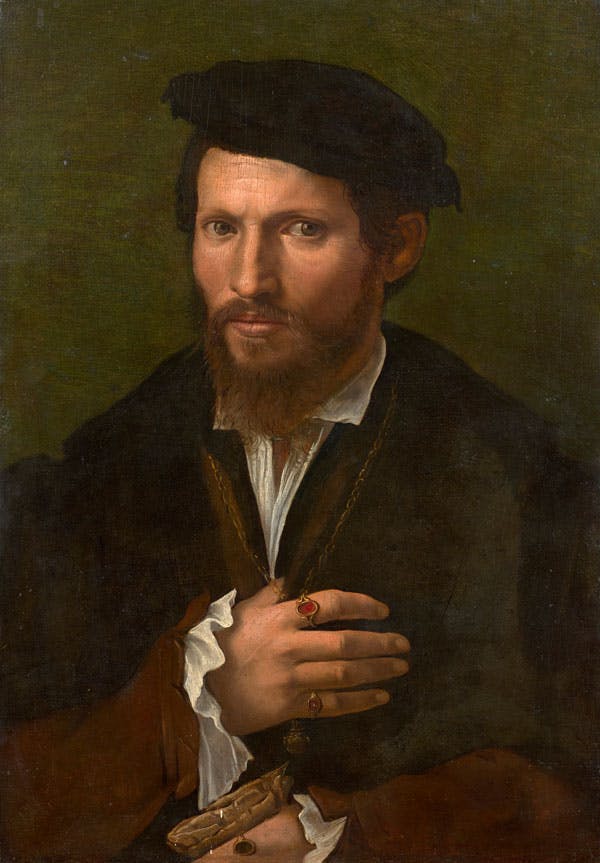 Girolamo da Carpi (1501-1556) Portrait d’homme au chapeau noir et aux gants 