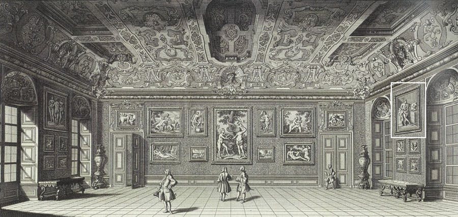 Vue gravée du palais du Belvédère à Vienne en 1734, où est exposée David contemplant la tête de Goliath, de Guido Reni 