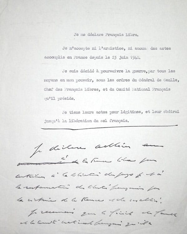 Manuscrit du discours "Je me déclare Français Libre"