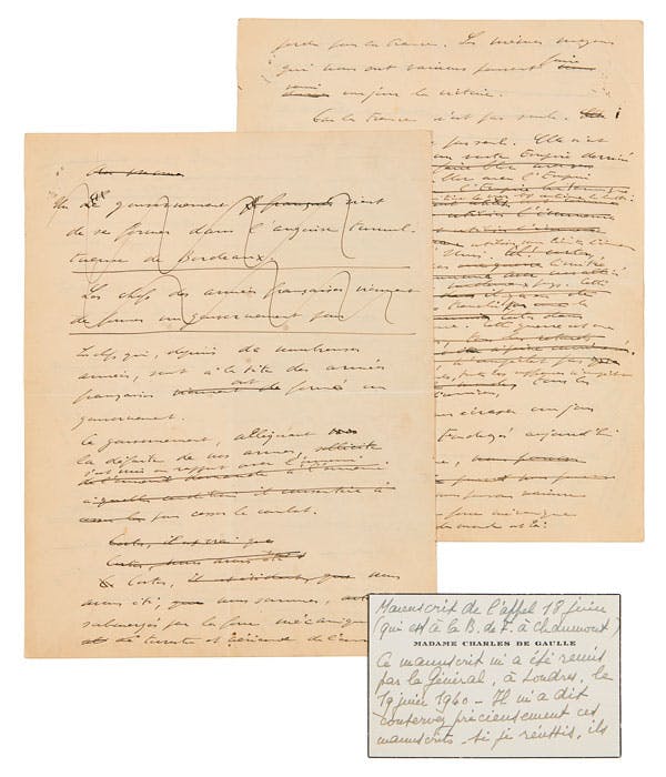 Manuscrit de l’Appel du 18 juin avec la carte d’Yvonne de Gaulle
