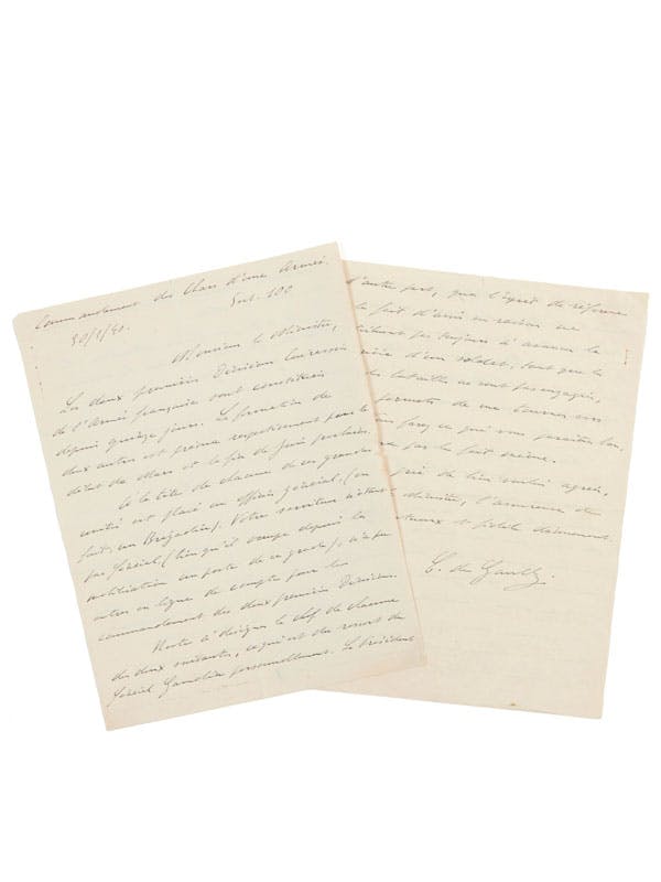 Charles de Gaulle. L.A.S., January 30, 1940, to Paul Reynaud; 4 pages, quarto, on letterhead of the Armored Command of an Army, Sect. 100.
A pivotal letter discussing the situation of the French army and his promotion to the rank of general.
Estimate: €8,000 – €12,000