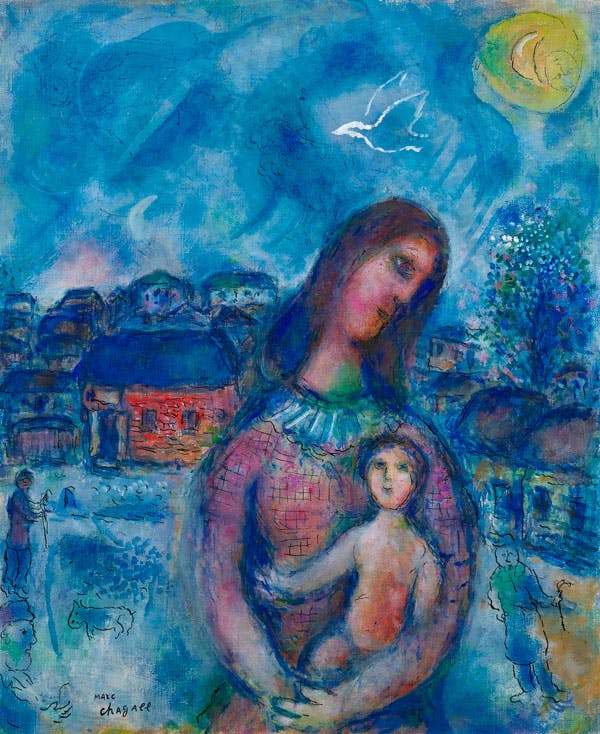 Marc Chagall (1887-1985) 
Maternité sur fond bleu, 1976
Huile, tempera et encre de Chine sur toile
Vendu : 741 440 €