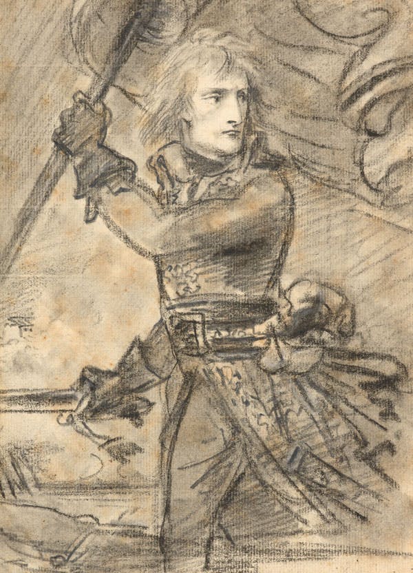 Antoine-Jean Gros, dit baron Gros (1771-1835)
Le général Bonaparte au pont d’Arcole, le 15 novembre 1796
Crayon noir, estompe
Estimation : 200 000 – 300 000 €