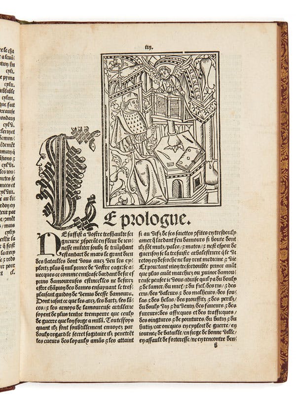 Jean Molinet (1435-1507)
C’est le roman de la rose moralisé cler et net translaté de rime en prose… 
Lyon, Guillaume Balsarin, 1503 
Estimation : 20 000 – 25 000 € 